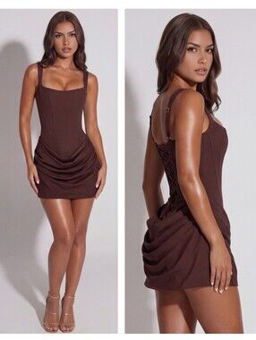 Almond Muse Eleonora Sculpted Bodycon Mini Dress Lace-Up Back Medium Chocolate
